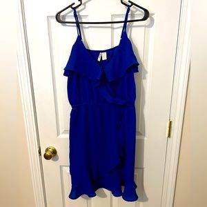 Blue ruffled tiered spaghetti strap dress with slit